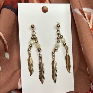 Gold Tone Boho Beaded Feather Dangle Earrings